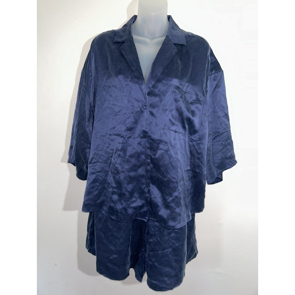 Lunya Washable Silk Pajama Set L Deep Blue Long Sleeve Button Up Shorts Luxury
